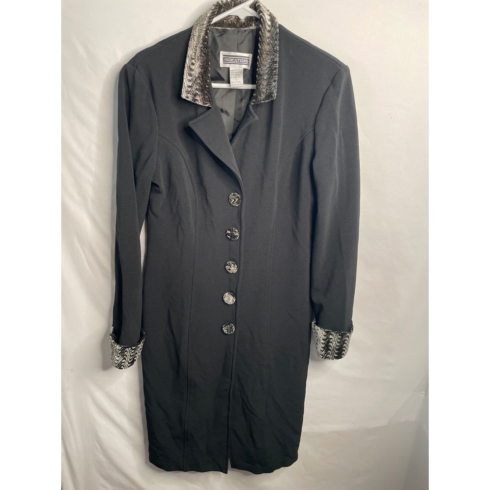Indications Black Faux Fur Trim Longline Blazer Dress Jacket Size 6